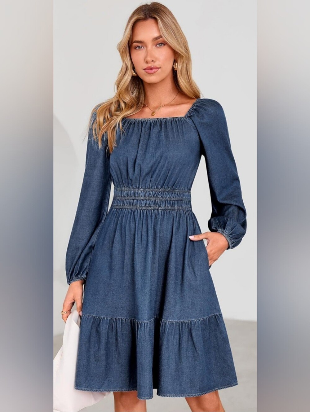 NWT Denim Blue Lyocell Smocked Waist A-Line Dress Size Large